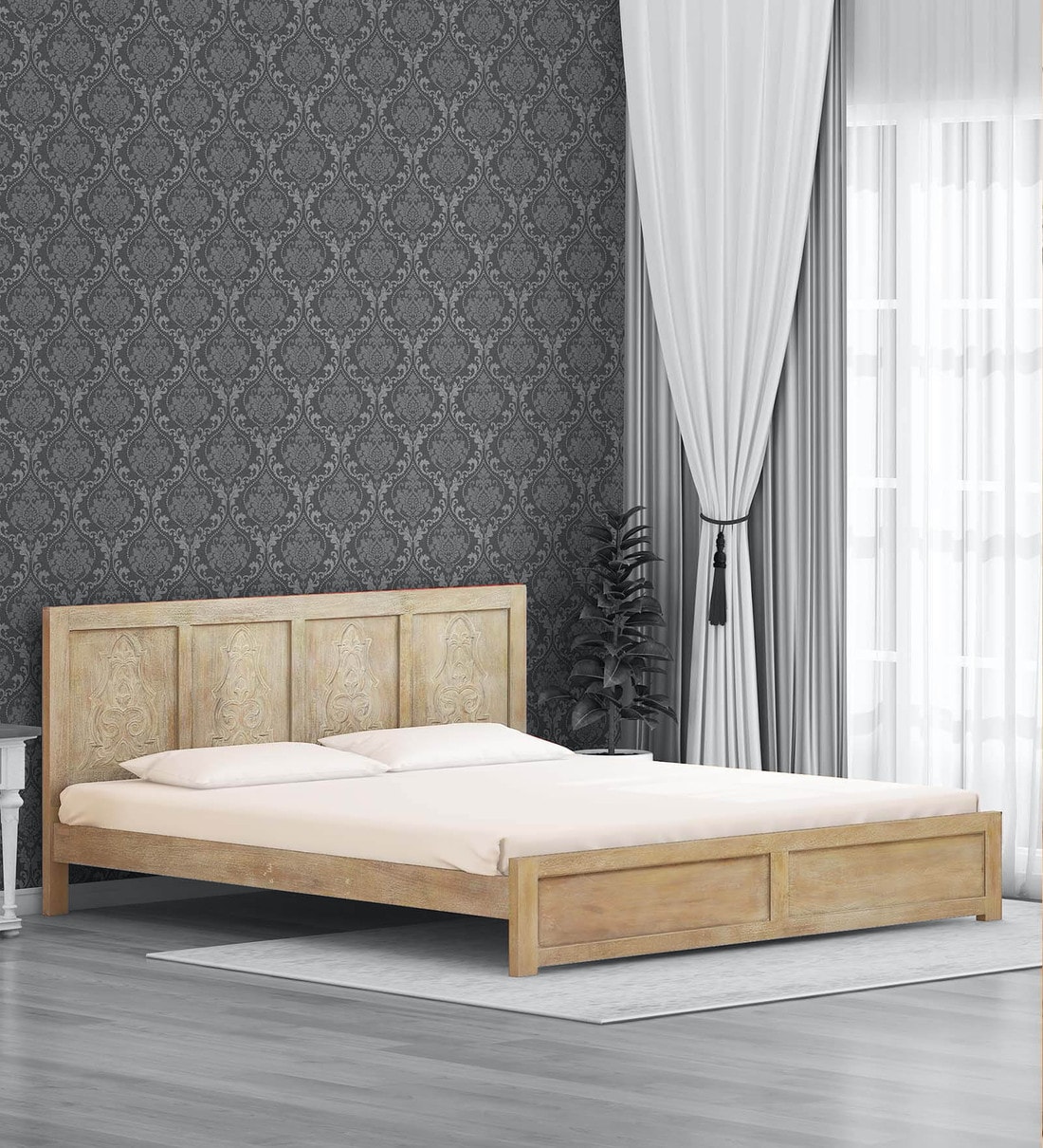 Buy Zenith Solid Wood King Size Bed in White Wash Finish Mudramark By