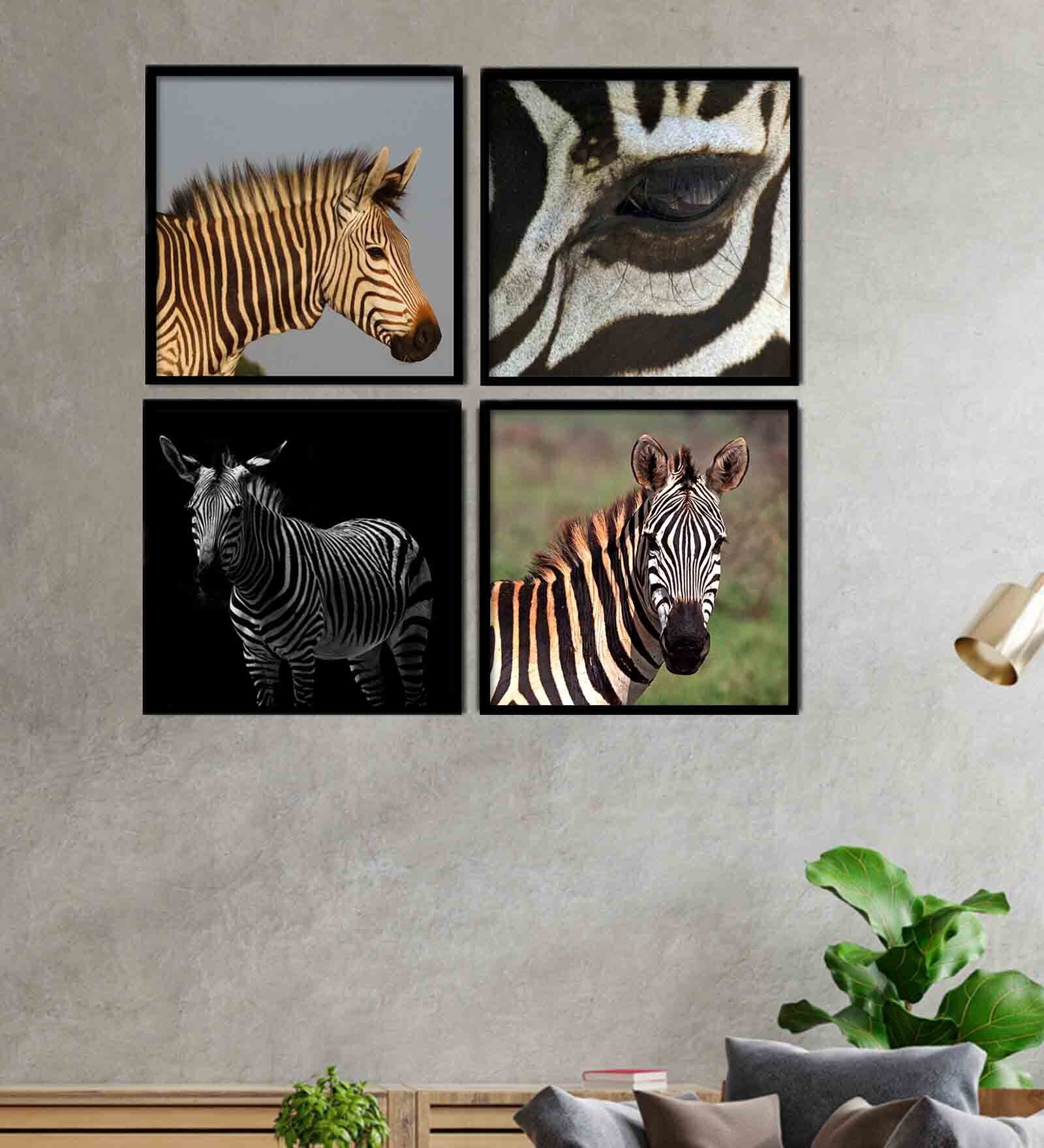 Zebra Black Engineered Wood Framed Wildlife Art Print Set of 4