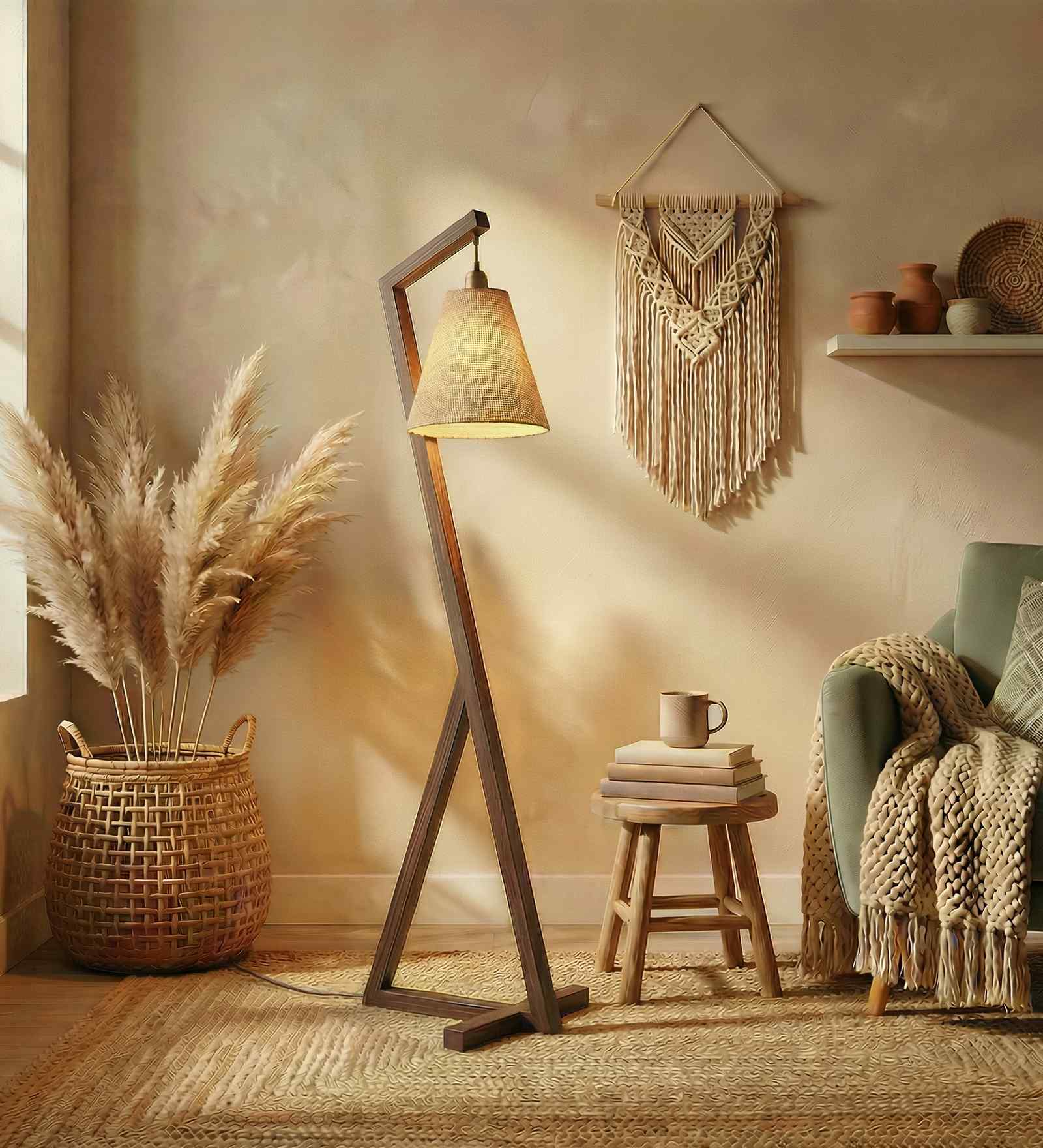 Zed Wooden Floor Lamp with Jute Shade & Brown Base