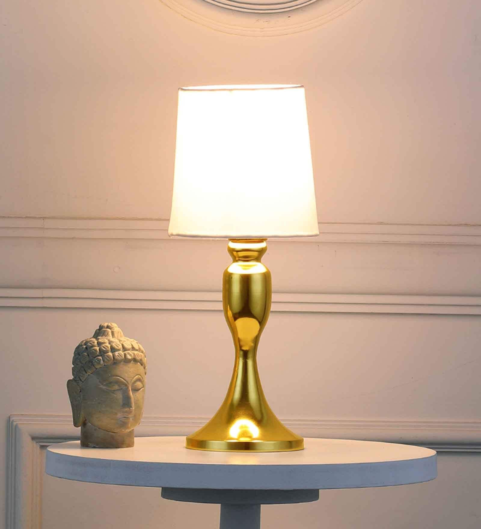 Zehra Iron Table Lamp with Cotton Fabric Lampshade (Gold & White)