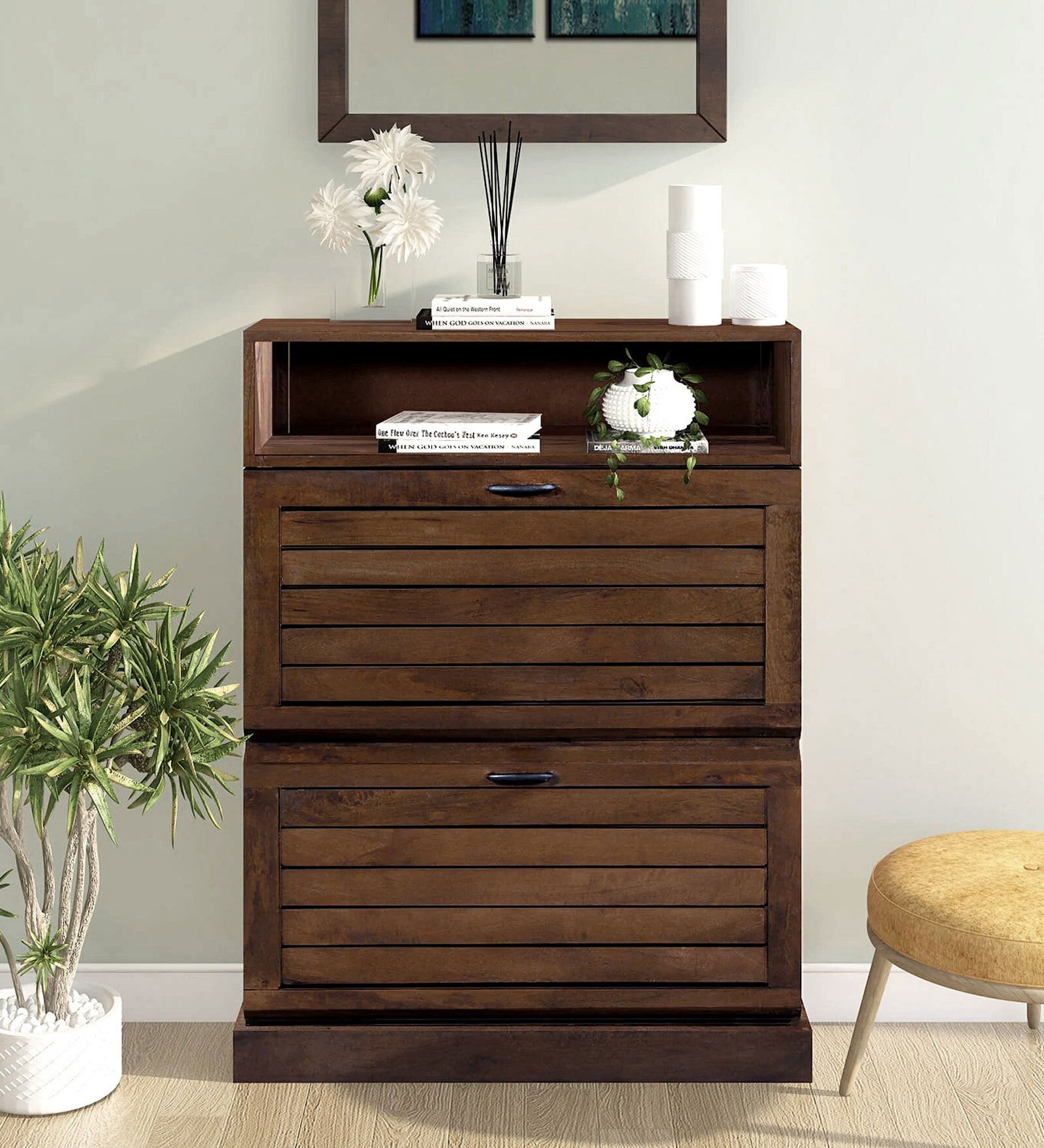 Zeist Solid Wood Tilt Out Shoe Rack In Provincial Teak Finish