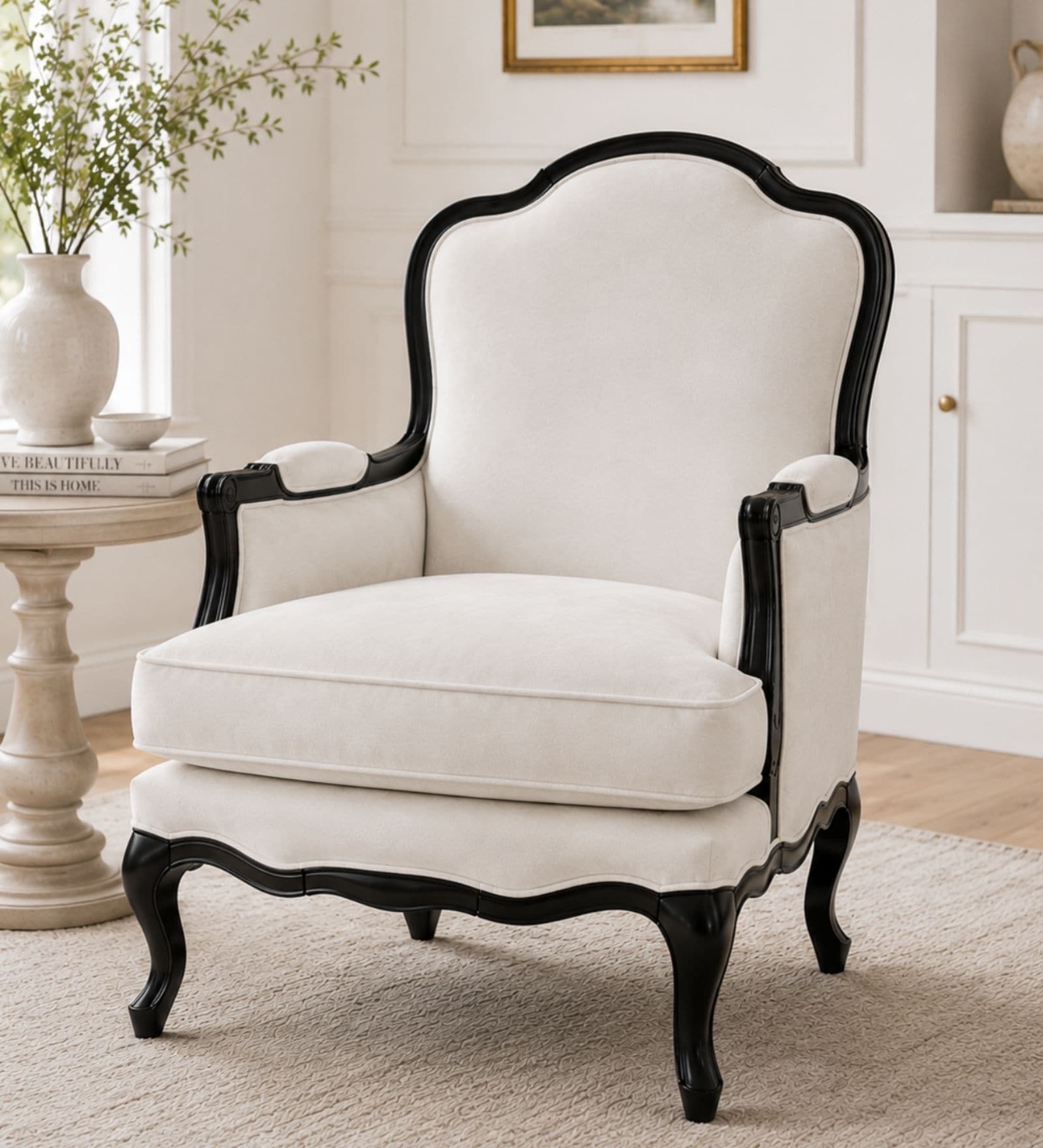 Zelia Teak Wood Chair With Suede Fabric In White Colour