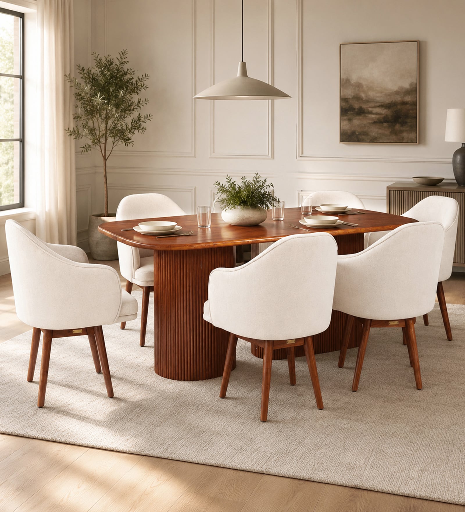 Zelkova Acacia Wood 6 Seater Dining Set In Natural Glazed Finish with Revolving Chair In Beige Fabric Zelkova Acacia Wood 6 Seater Dining Set In Natural Glazed Finish with Revolving Chair In Beige Fabric