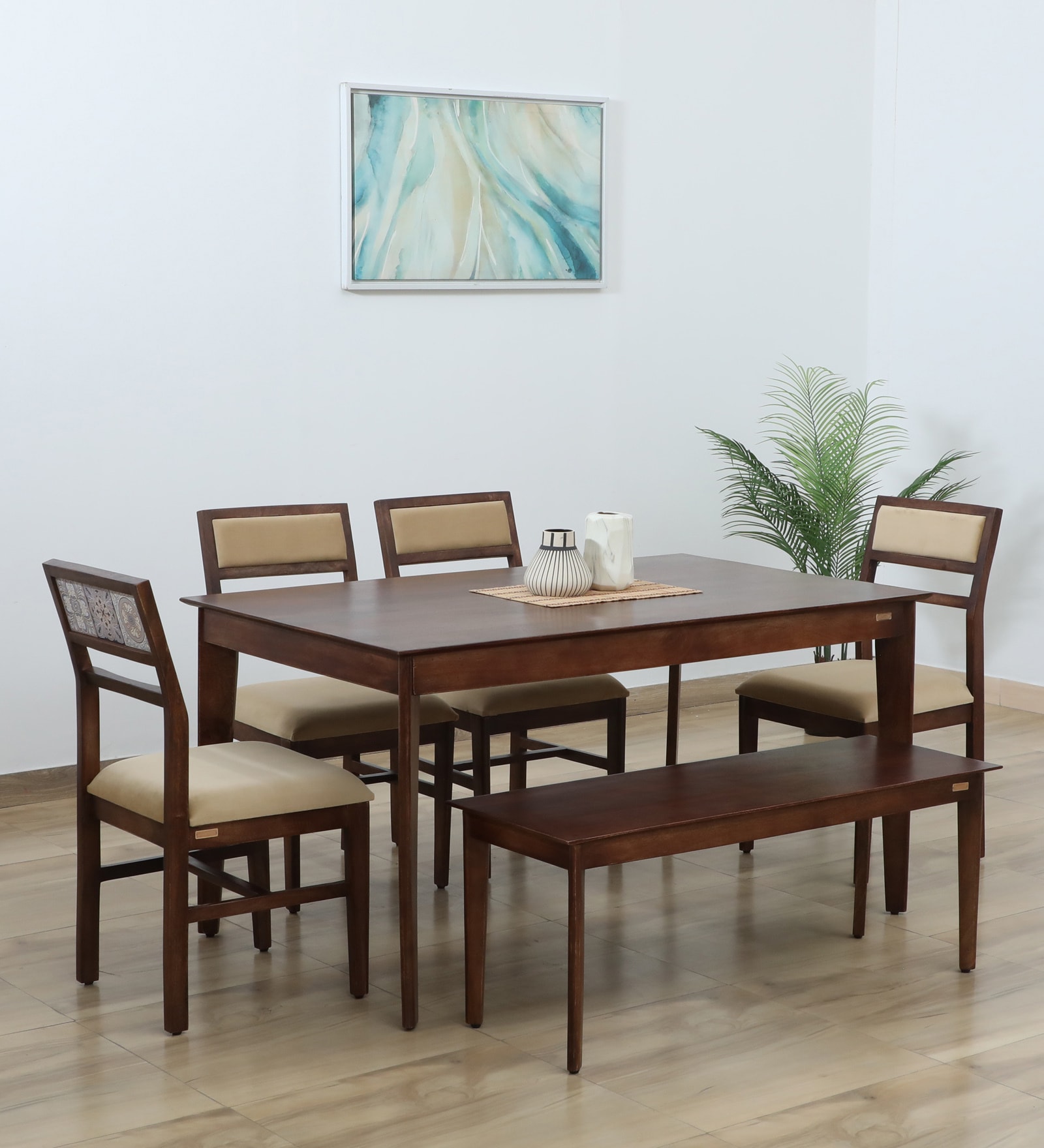 Zellige Solid Wood 6 Seater Dining Set In Tubbaq Finish With Bench