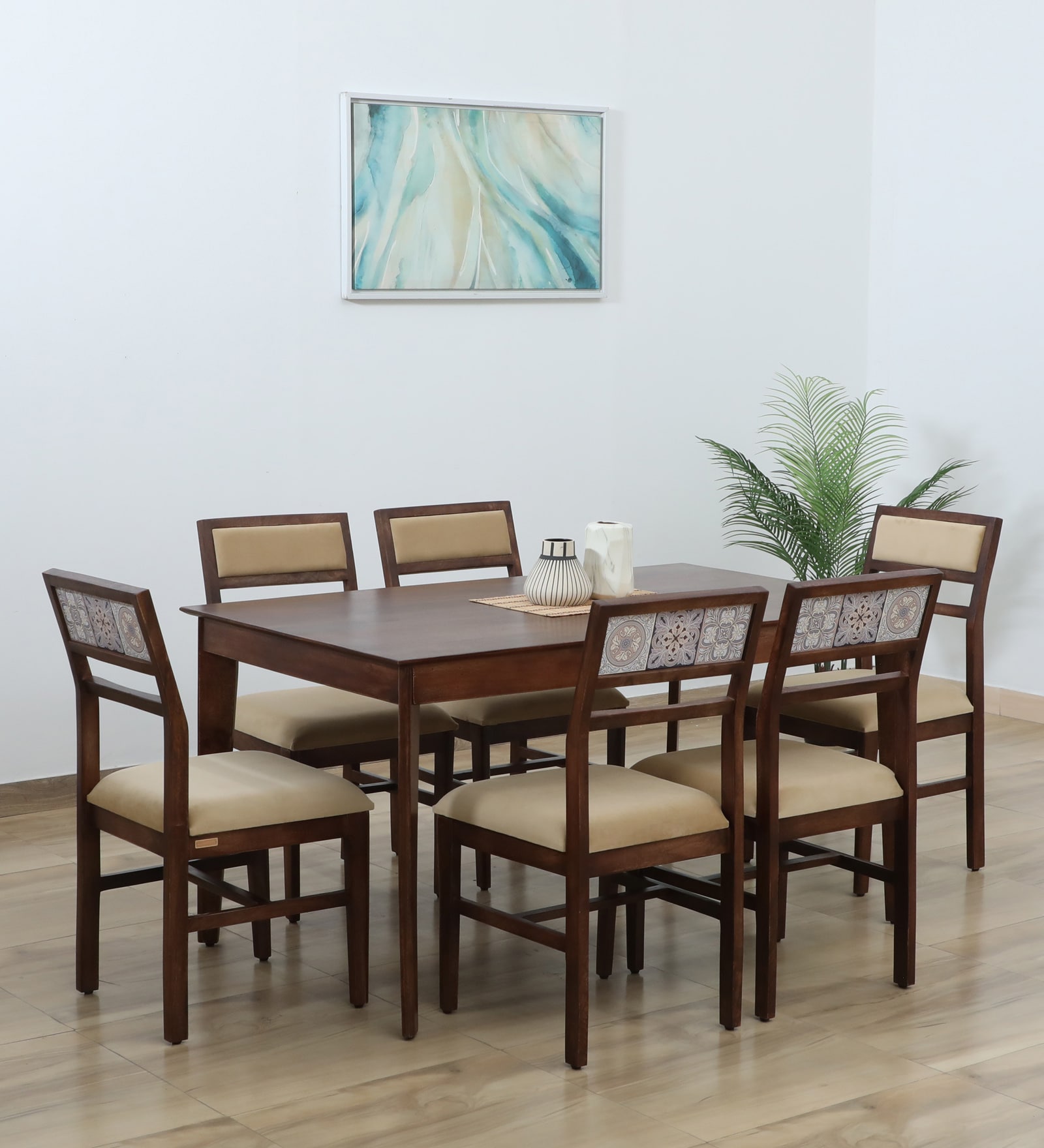 Zellige Solid Wood 6 Seater Dining Set In Tubbaq Finish