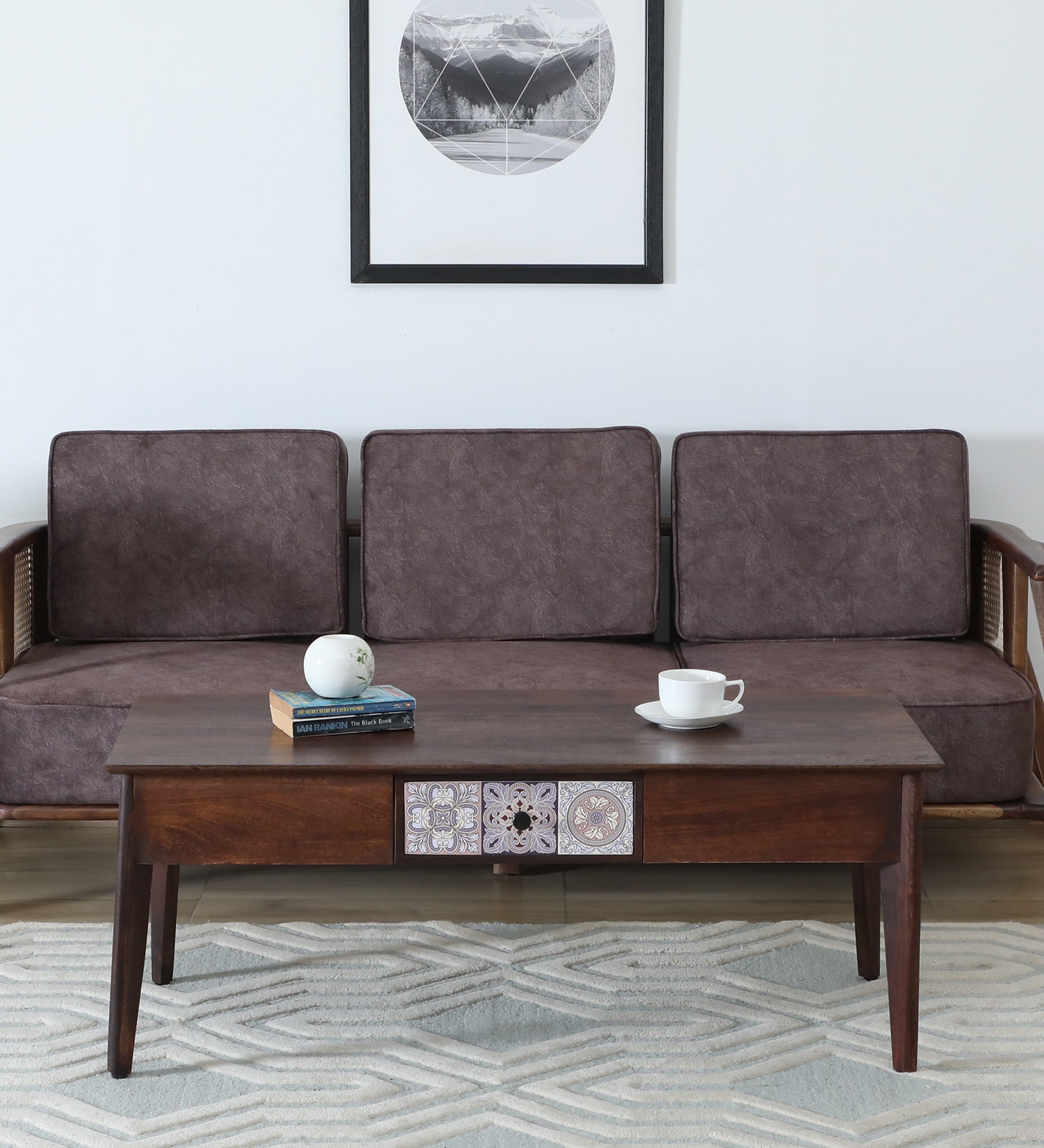 Zellige Solid Wood Coffee Table In Tubbaq Finish With Drawer