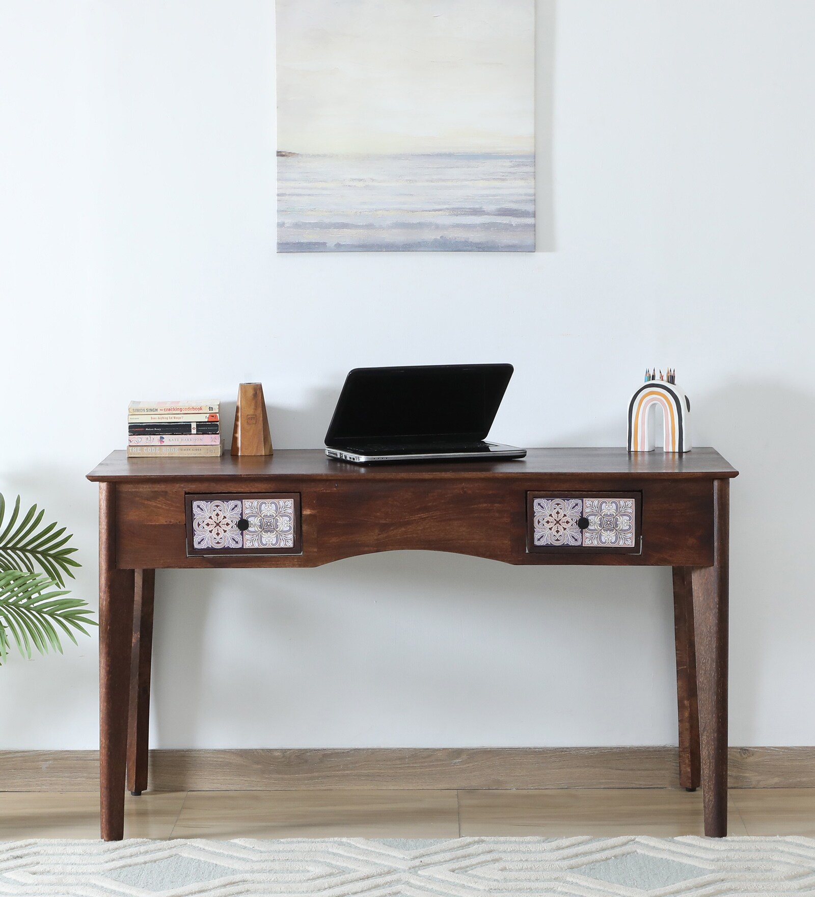 Zellige Solid Wood Study Table In Tubbaq Finish With Drawers