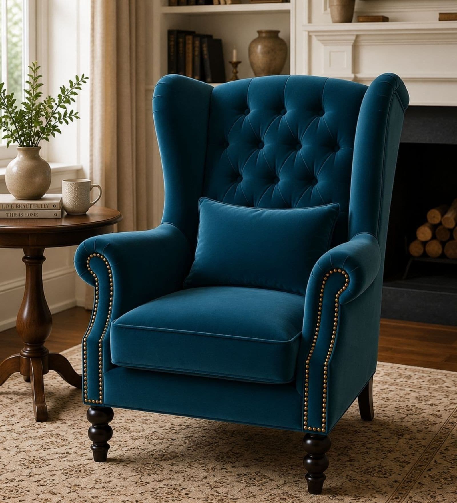 Zeloria Teak Wood High Back Wing Chair With Suede Fabric In Blue Colour Zeloria Teak Wood High Back Wing Chair With Suede Fabric In Blue Colour