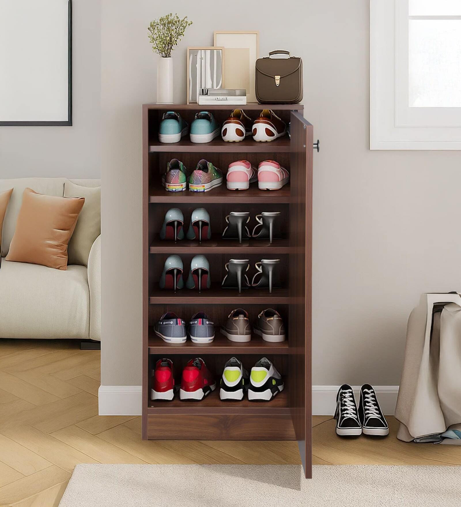 Zen 12-Pairs 1 Door Shoe Cabinet With Adjustable Shelf In Columbian Walnut Finish