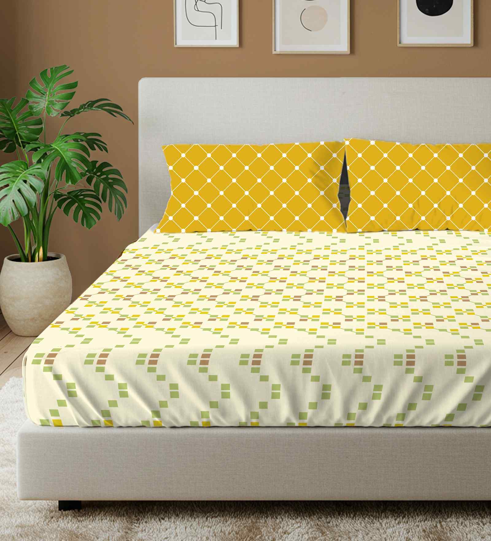 Zen Blocks Yellow 144 Tc Cotton Double Bedsheet With 2 Pillow Covers