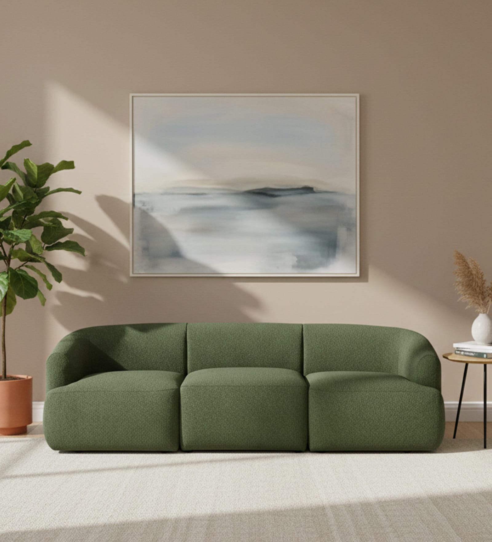 Zen Boucle 3 Seater Sofa In Olive Green Colour Zen Boucle 3 Seater Sofa In Olive Green Colour