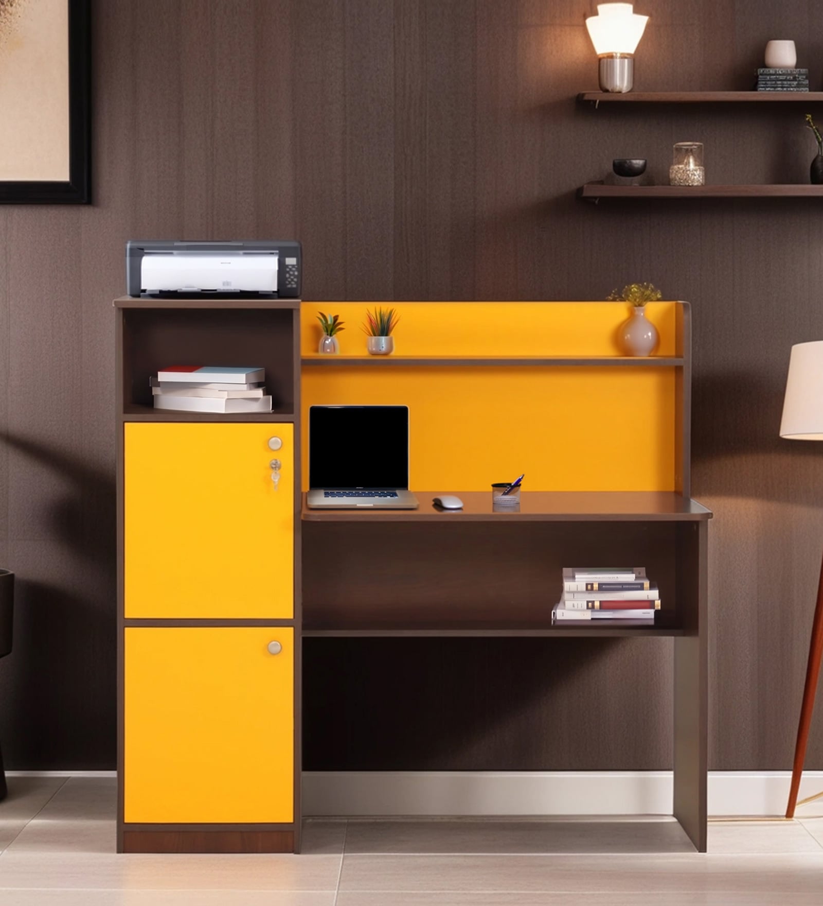 Zendon Hutch Desk In Walnut & Orange Finish