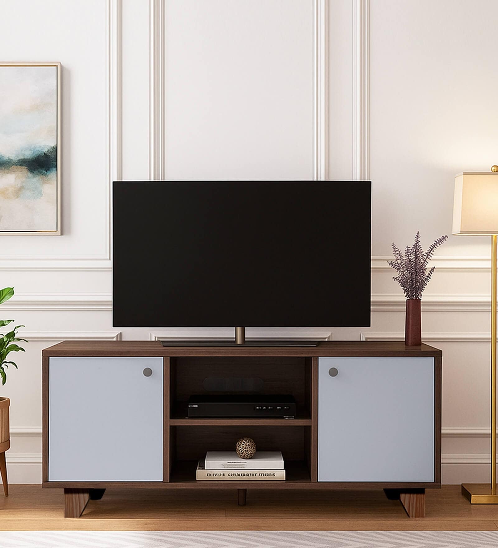 Zenith TV Console In Columbian Walnut And Frosty White Finish for Tv's upto 55 inches.
