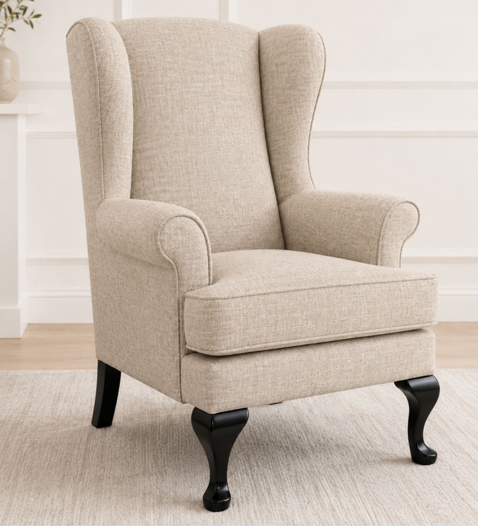 Zenvira Teak Wood Wing Chair With Suede Fabric In Ivory Beige Colour Zenvira Teak Wood Wing Chair With Suede Fabric In Ivory Beige Colour