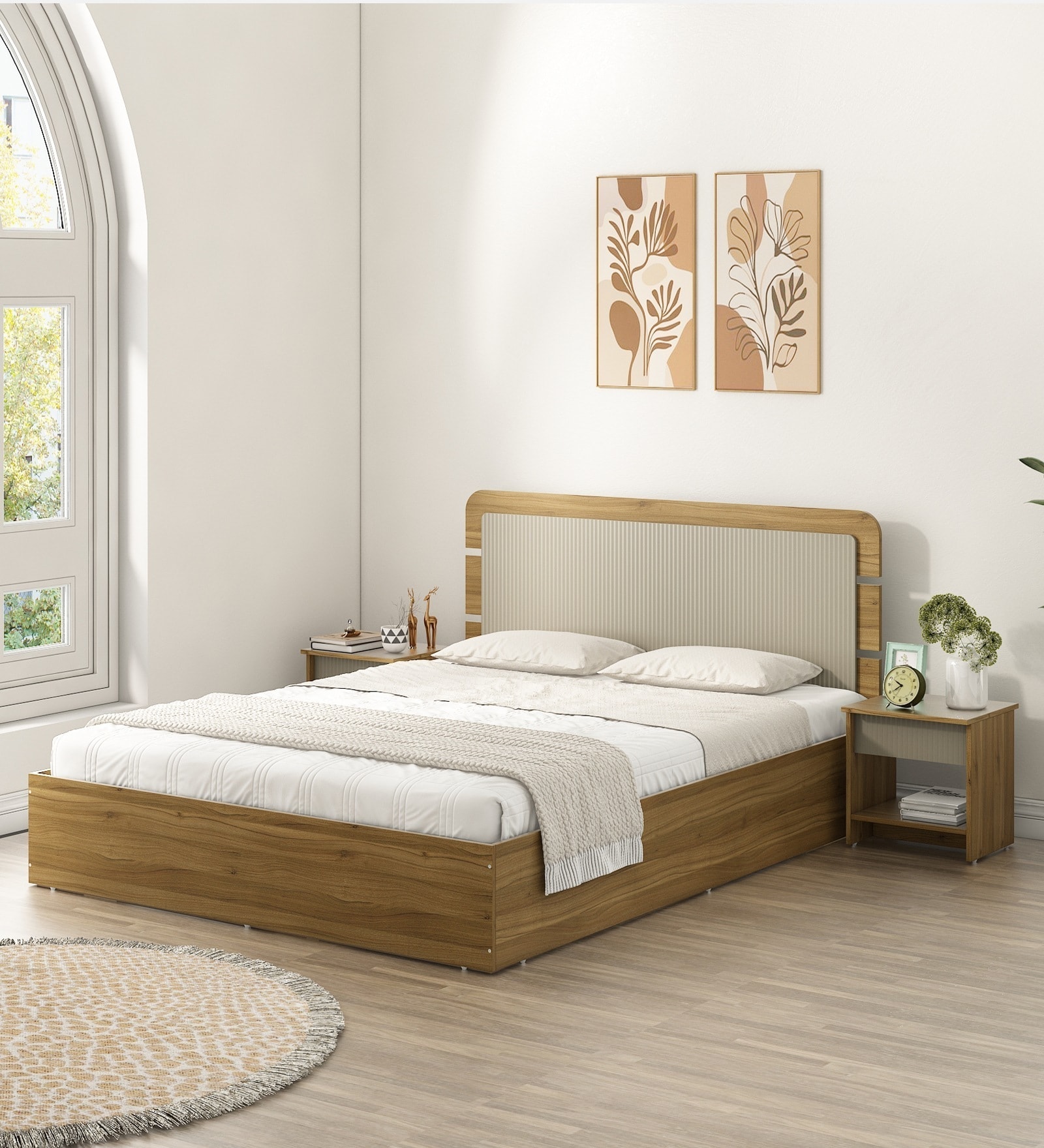 Zenvora Queen Size Bed With Box Storage In Melamine Finish
