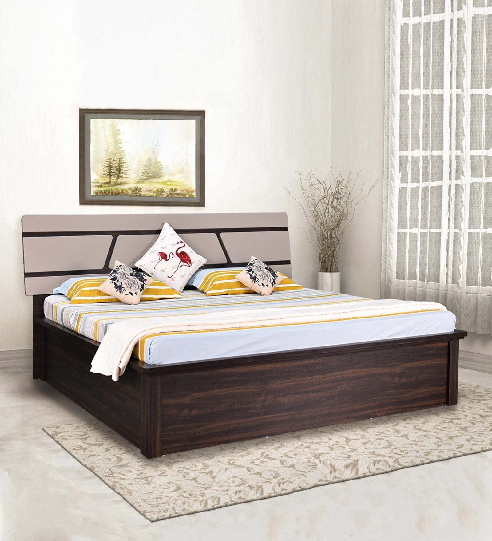 Zephyr Queen Size Bed In White And Brown color With Hydraulic Storage