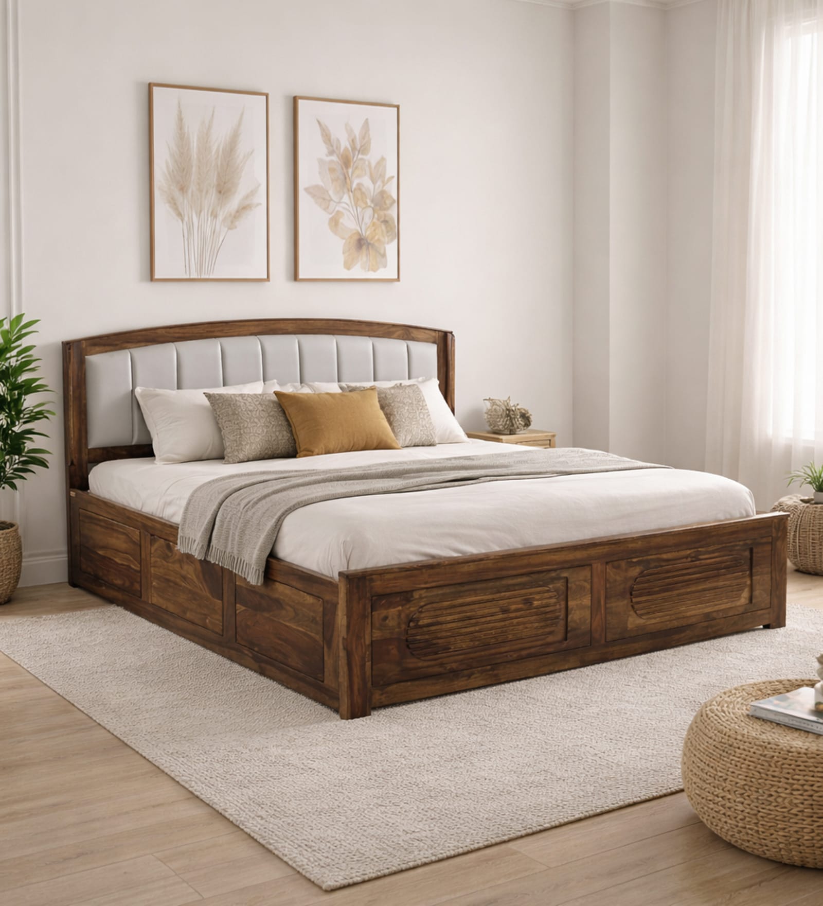Zephyr Sheesham Wood King Size Bed In Provincial Teak Finish With Hydraulic Storage