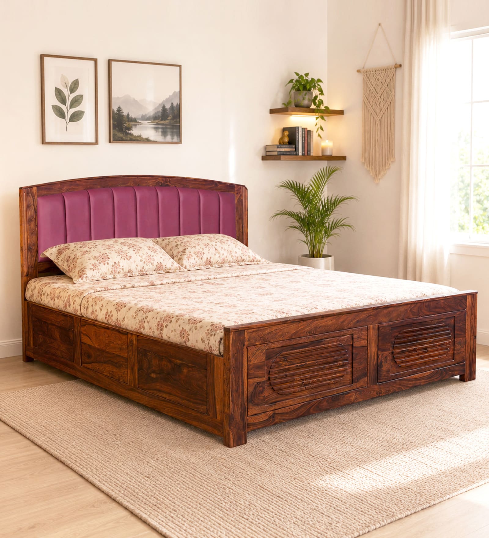 Zephyr Sheesham Wood Queen Size Bed In Honey Oak Finish With Hydraulic Storage Zephyr Sheesham Wood Queen Size Bed In Honey Oak Finish With Hydraulic Storage