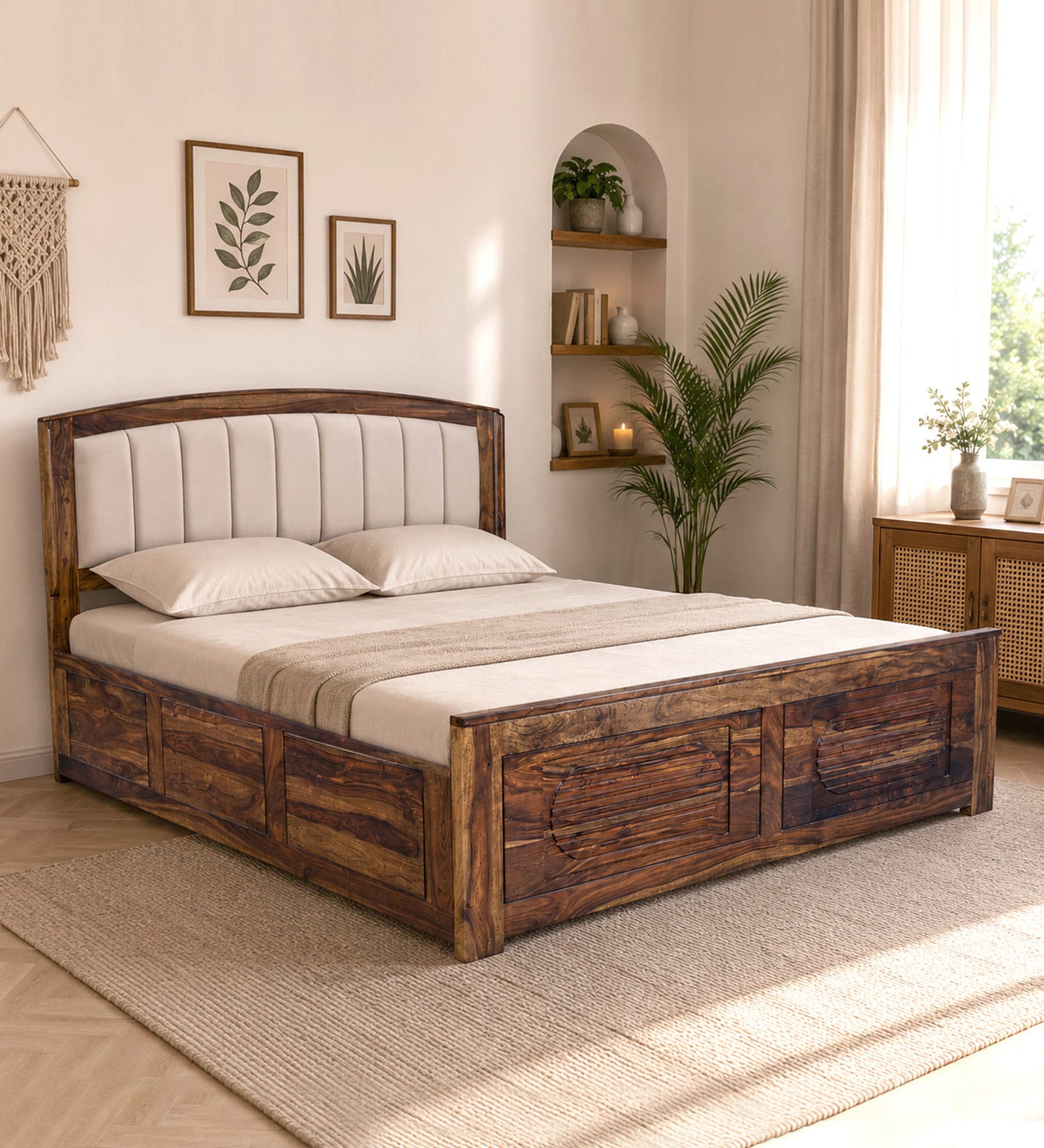 Zephyr Sheesham Wood Queen Size Bed In Provincial Teak Finish With Hydraulic Storage