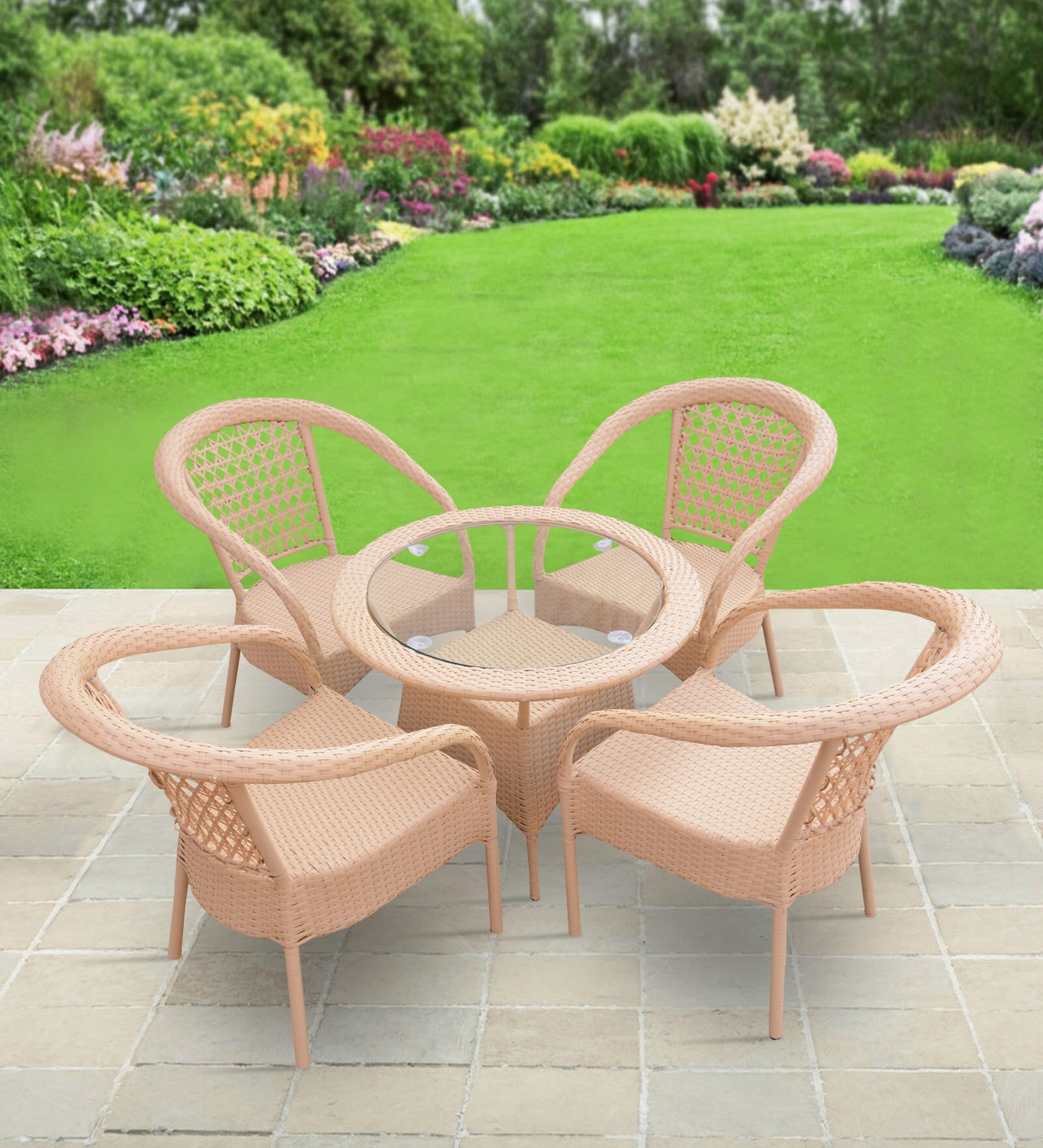 Zeus Wicker Patio Table and Chair Set in Fawn Colour with 4 Chairs
