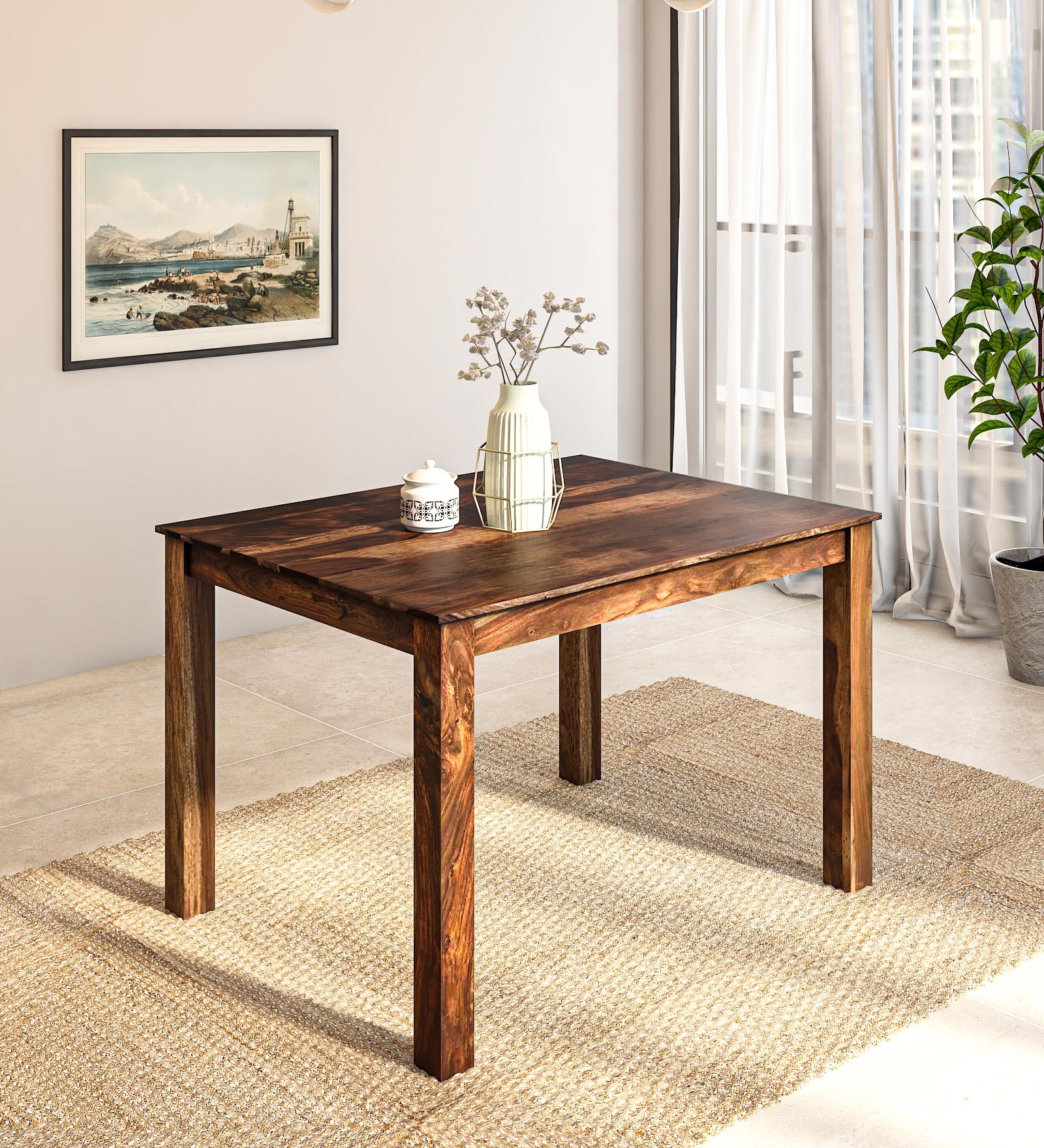 Zeven Sheesham Wood 4 Seater Dining Table in Scratch Resistant Rustic Teak Finish