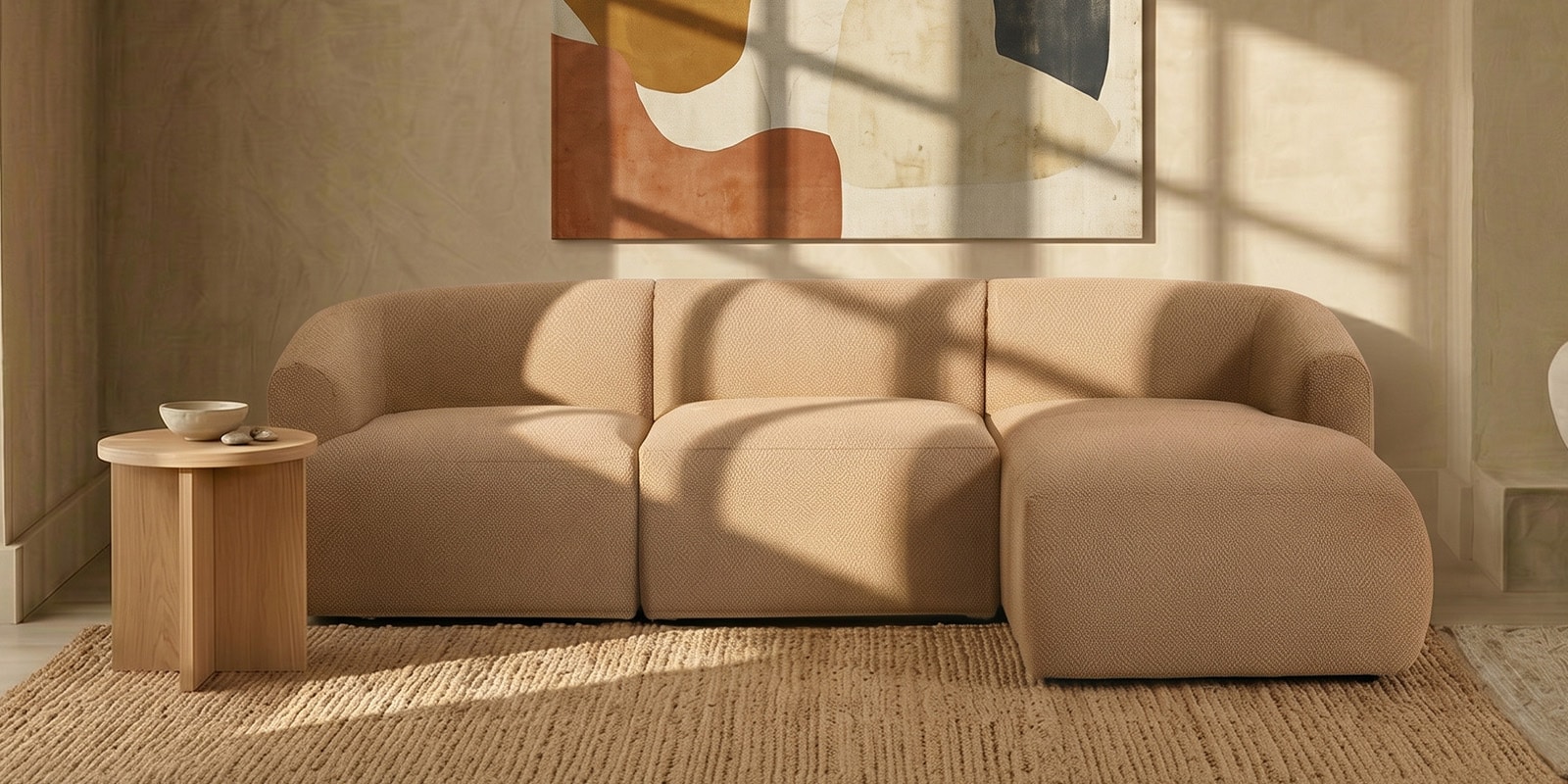 Zen Living 3 Seater Boucle LHS L Shaped Sofa In Beige Color
