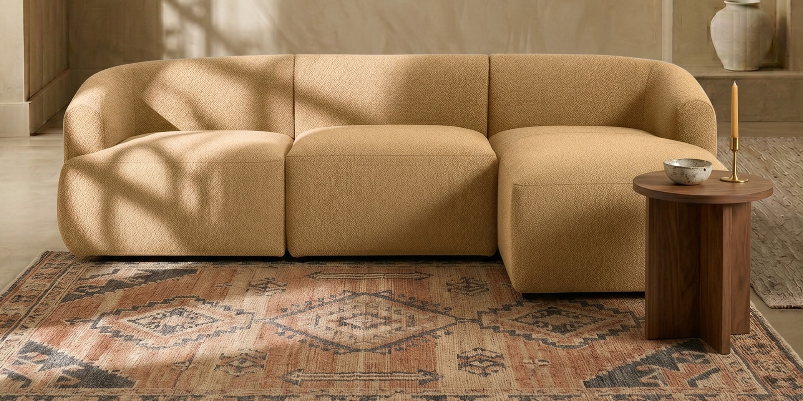 Zen Living 3 Seater Boucle LHS L Shaped Sofa In Tan Color