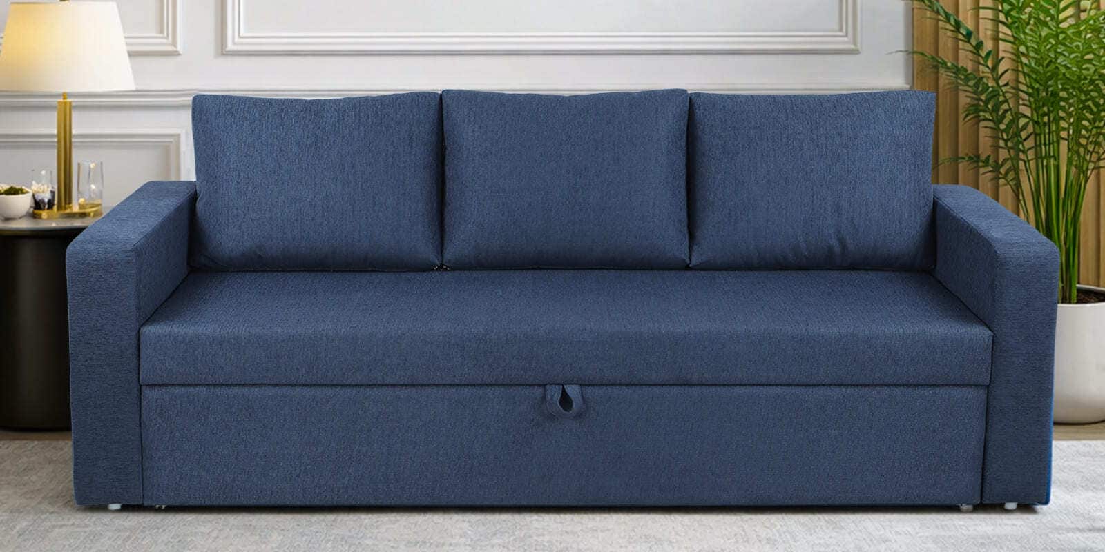 Zenari Fabric 3 Seater Pull Out Sofa Cum Bed In Navy Blue Colour