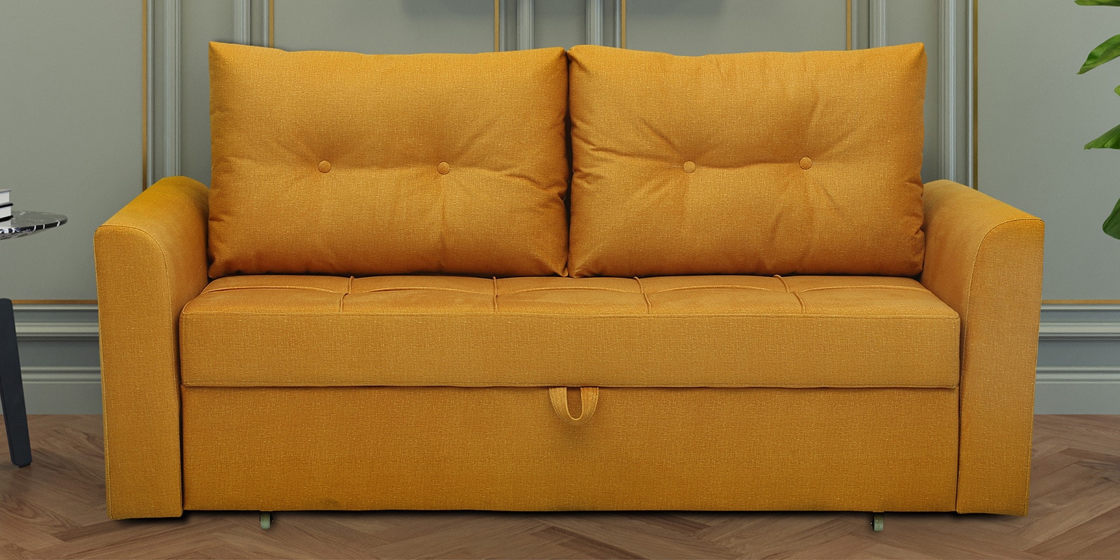 Zenith Fabric Sofa Cum Bed In Tangy Yellow Colour With Storage