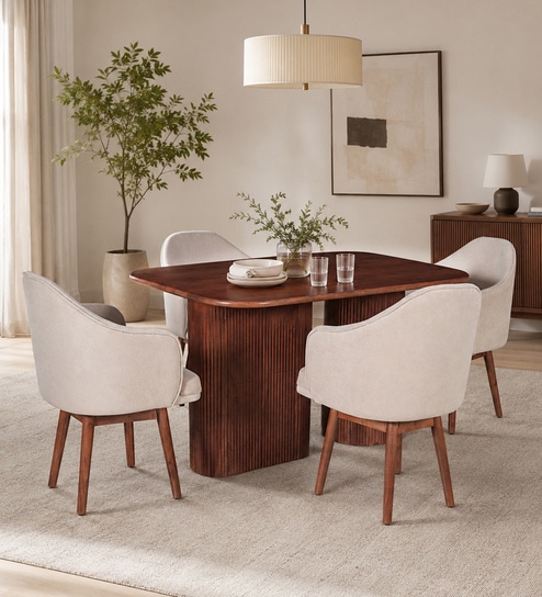 Zelkova Acacia Wood 4 Seater Dining Set In Natural Glazed Finish with Revolving Chair In Beige Fabric