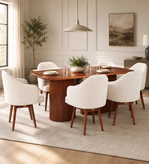 Zelkova Acacia Wood 6 Seater Dining Set In Natural Glazed Finish with Revolving Chair In Beige Fabric