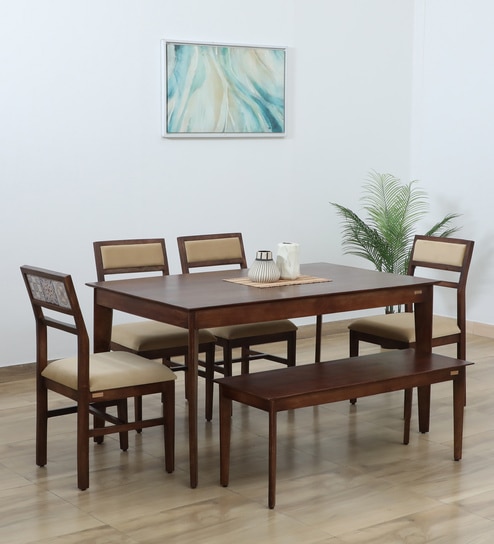 Zellige Solid Wood 6 Seater Dining Set In Tubbaq Finish With Bench