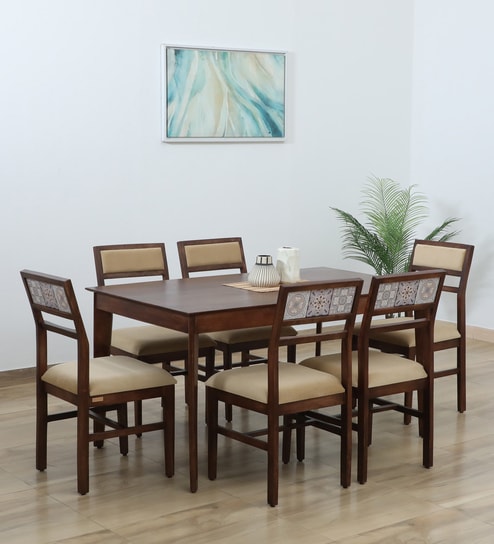 Zellige Solid Wood 6 Seater Dining Set In Tubbaq Finish