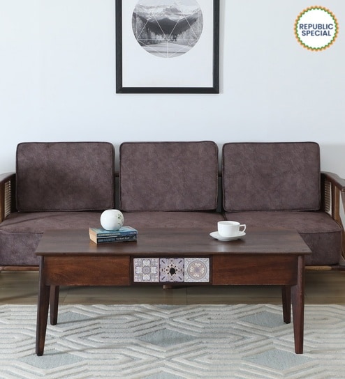 Zellige Solid Wood Coffee Table In Tubbaq Finish With Drawer