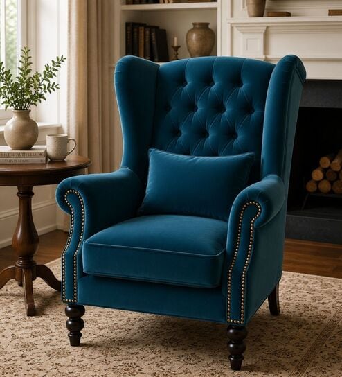 Zeloria Teak Wood High Back Wing Chair With Suede Fabric In Blue Colour
