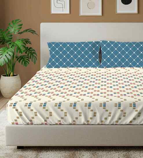 Zen Blocks Blue 144 Tc Cotton Double Bedsheet With 2 Pillow Covers