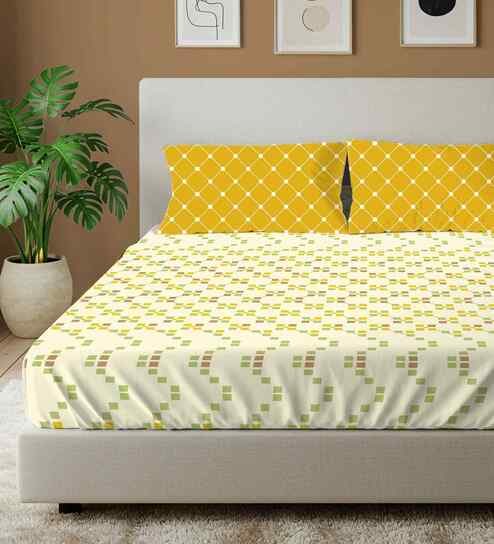 Zen Blocks Yellow 144 Tc Cotton Double Bedsheet With 2 Pillow Covers