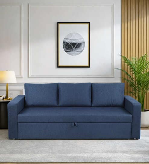 Zenari Fabric 3 Seater Pull Out Sofa Cum Bed In Navy Blue Colour