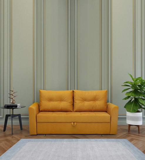 Zenith Fabric Sofa Cum Bed In Tangy Yellow Colour With Storage