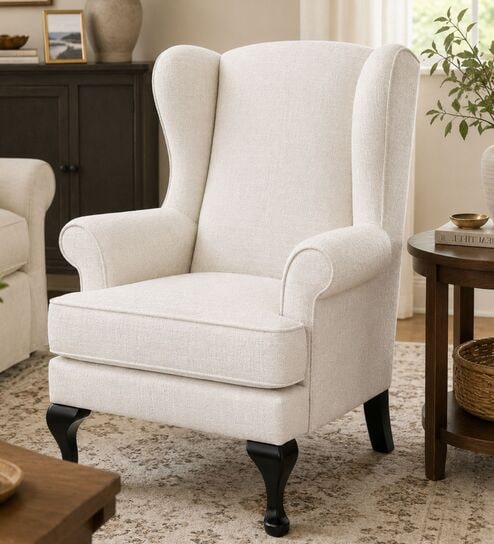 Zenvira Teak Wood Wing Chair With Suede Fabric In White Colour