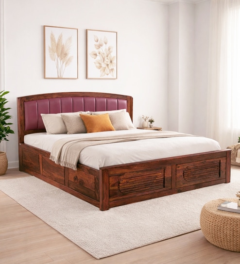 Zephyr Sheesham Wood King Size Bed In Honey Oak Finish With Hydraulic Storage