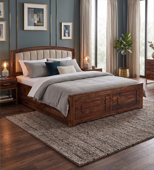 Zephyr Sheesham Wood Queen Size Bed In Provincial Teak Finish With Hydraulic Storage