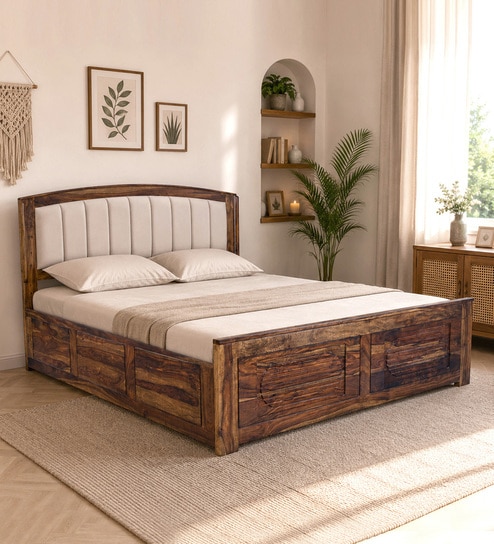 Zephyr Sheesham Wood Queen Size Bed In Provincial Teak Finish With Hydraulic Storage