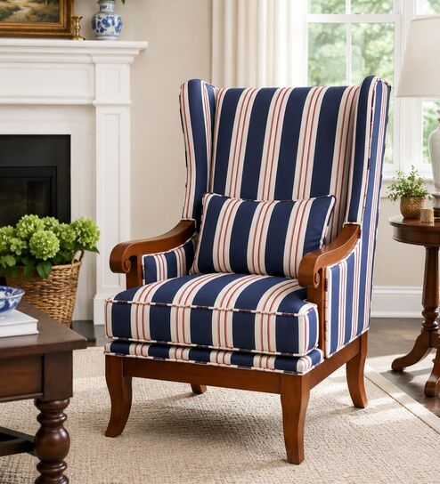 Zev Teak Wood Wing Chair With Suede Fabric In Blue Stripe