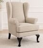 Zenvira Teak Wood Wing Chair With Suede Fabric In Ivory Beige Colour Zenvira Teak Wood Wing Chair With Suede Fabric In Ivory Beige Colour