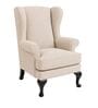 Zenvira Teak Wood Wing Chair With Suede Fabric In Ivory Beige Colour Zenvira Teak Wood Wing Chair With Suede Fabric In Ivory Beige Colour