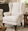 Zenvira Teak Wood Wing Chair With Suede Fabric In White Colour Zenvira Teak Wood Wing Chair With Suede Fabric In White Colour