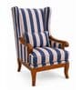Zev Teak Wood Wing Chair With Suede Fabric In Blue Stripe Zev Teak Wood Wing Chair With Suede Fabric In Blue Stripe