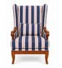 Zev Teak Wood Wing Chair With Suede Fabric In Blue Stripe Zev Teak Wood Wing Chair With Suede Fabric In Blue Stripe