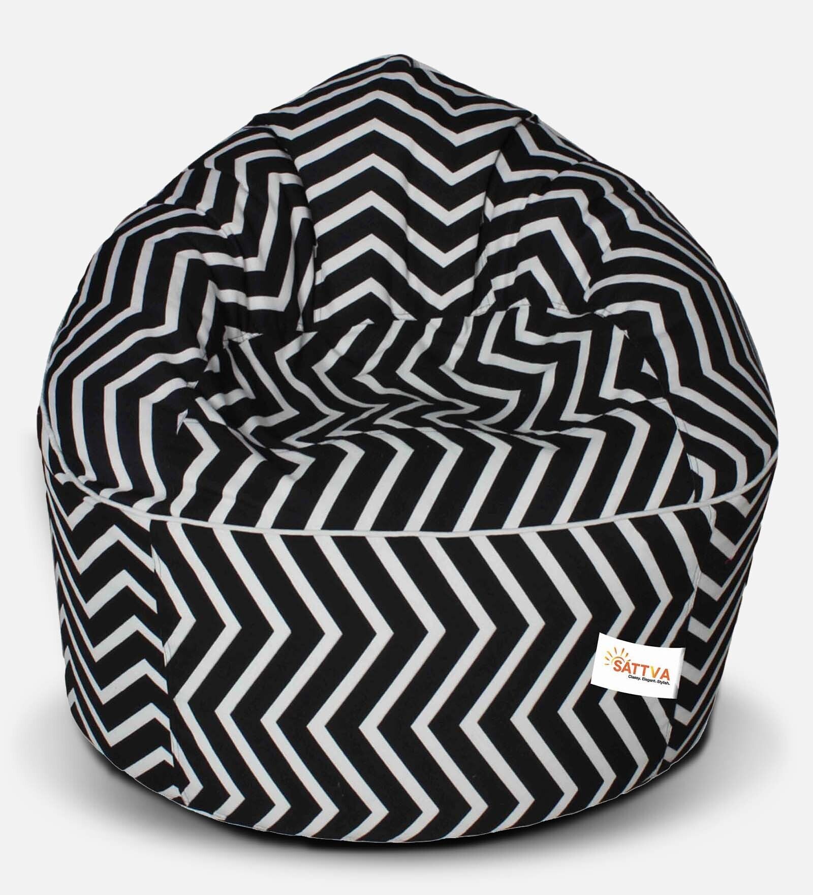 Zig Zag Print Muddha XXXL Bean Bag with Beans in Black & White Colour